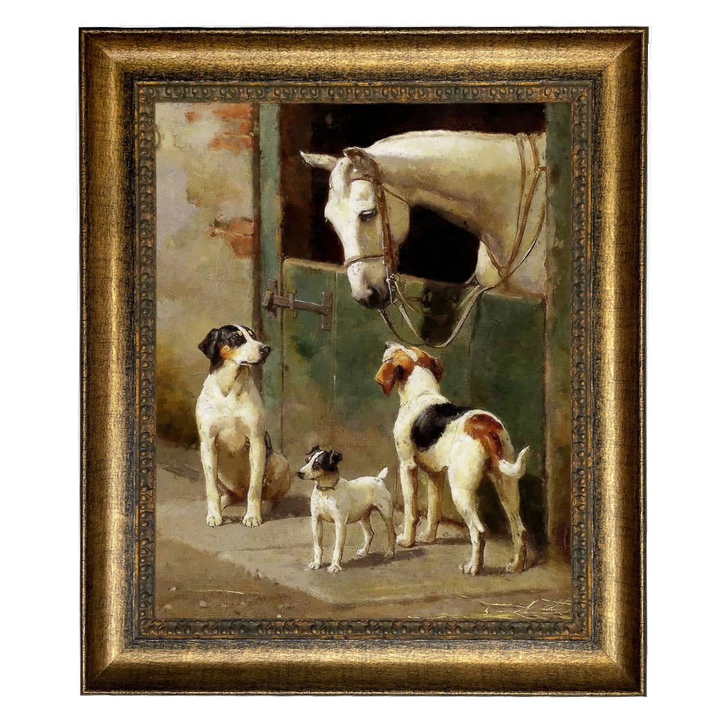 Dog and Horse at Stable Framed Painting Print on Canvas