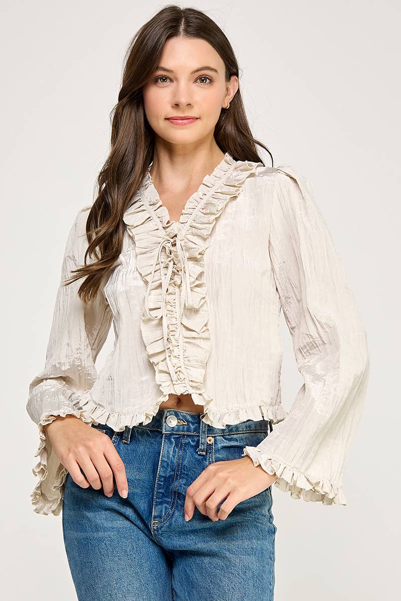 LONG-SLEEVE RUFFLED V-NECK BLOUSE