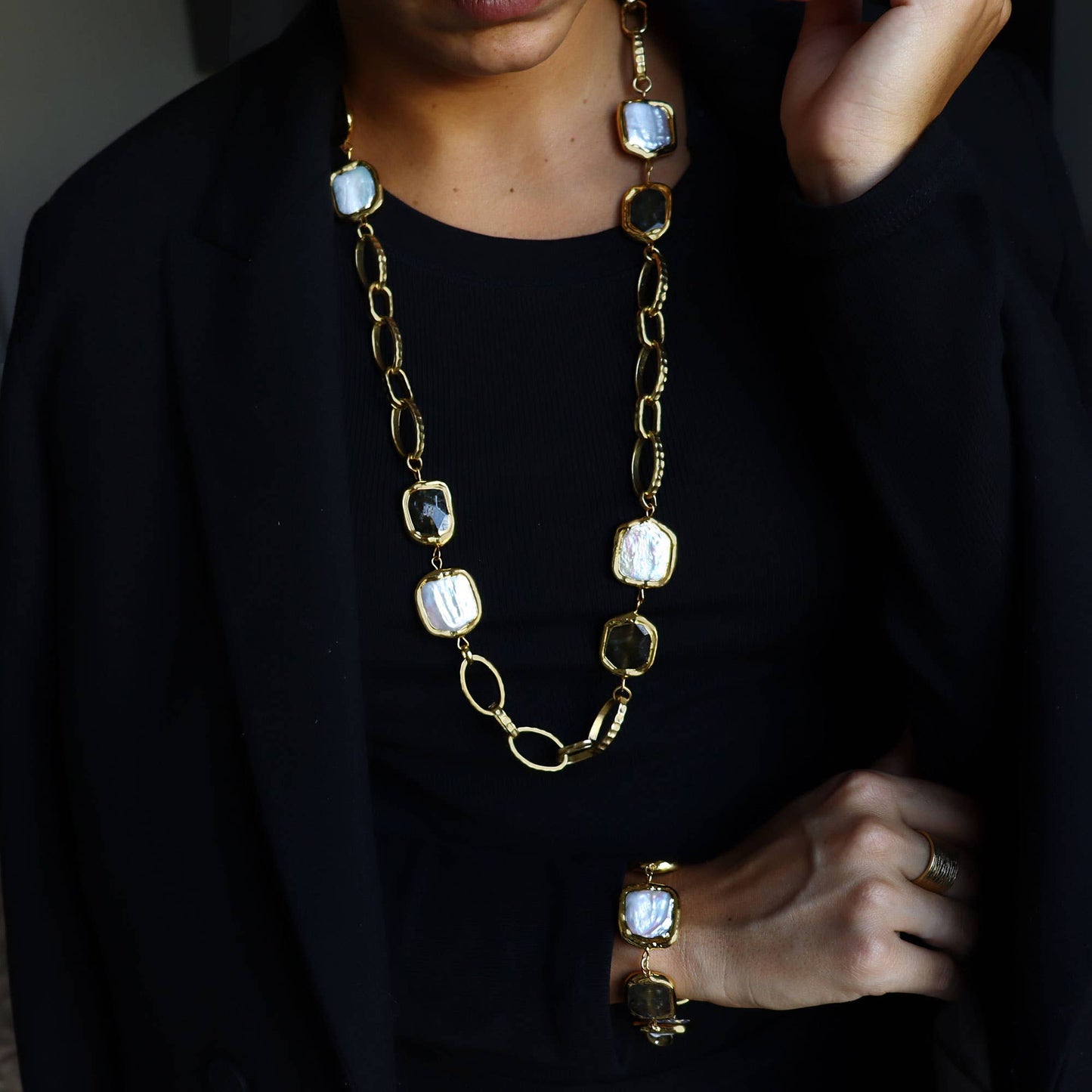 Labradorite Stones and Pearls Long Necklace