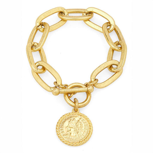 Elongated link layering bracelet with coin charm dangle