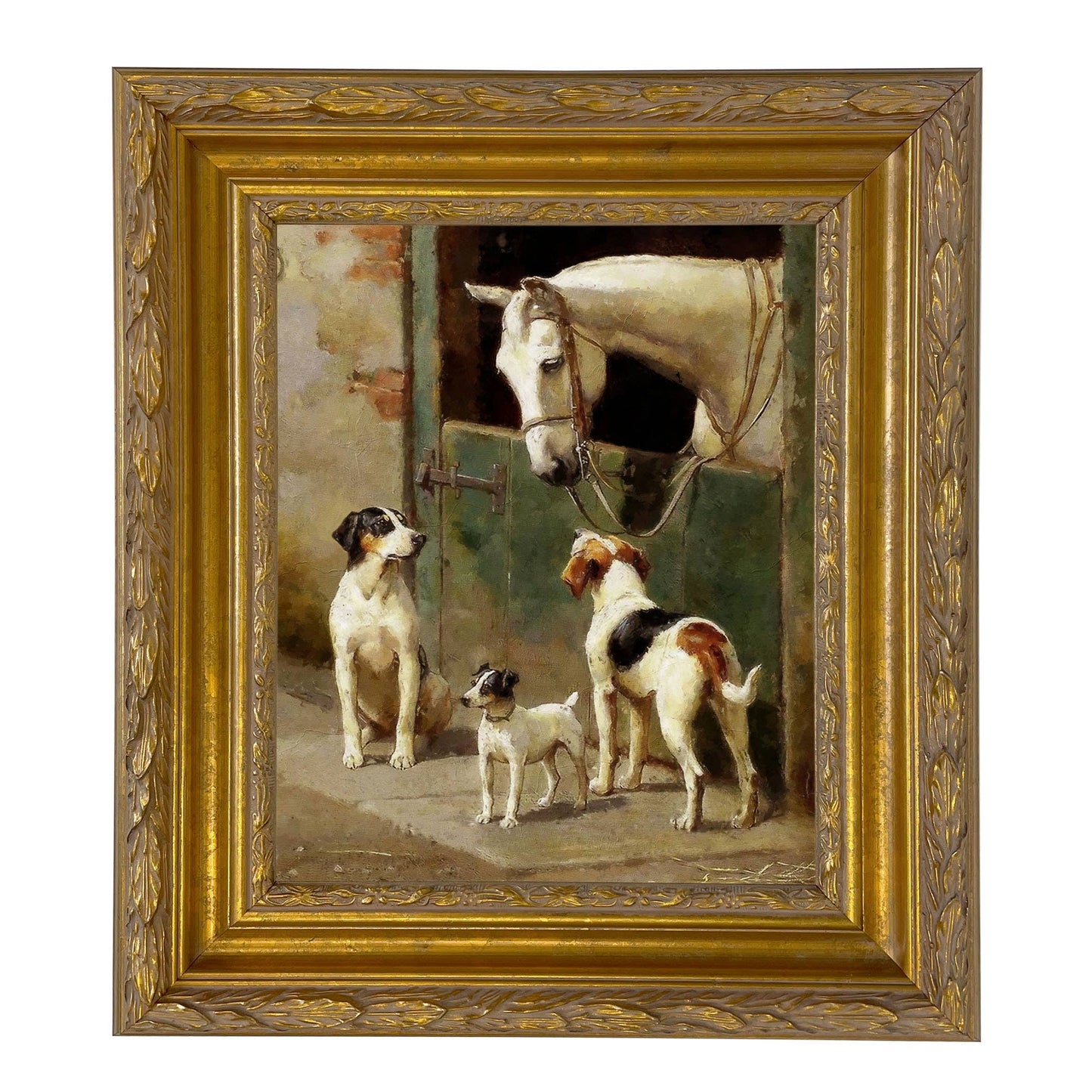 Dog and Horse at Stable Framed Painting Print on Canvas