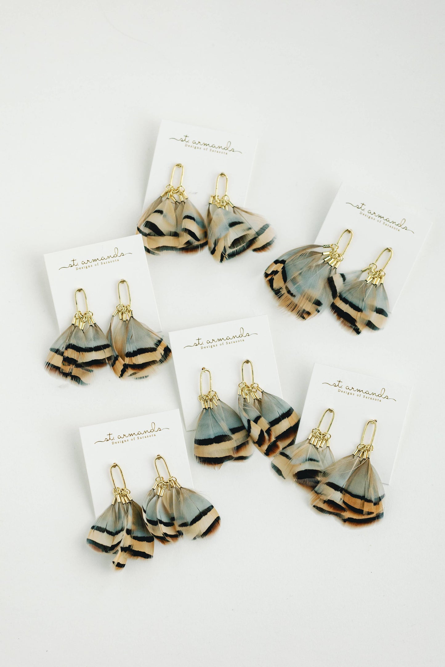 Brown Striped Fall Feather Statement Tassel Earrings