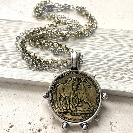Horse coin necklace rustic jewelry western derby Belgium 