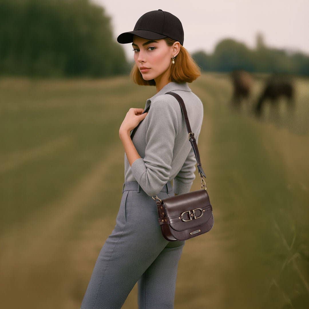 Delaney - Equestrian Stirrup Crossbody Luxury Leather Handbag in Deep Brown