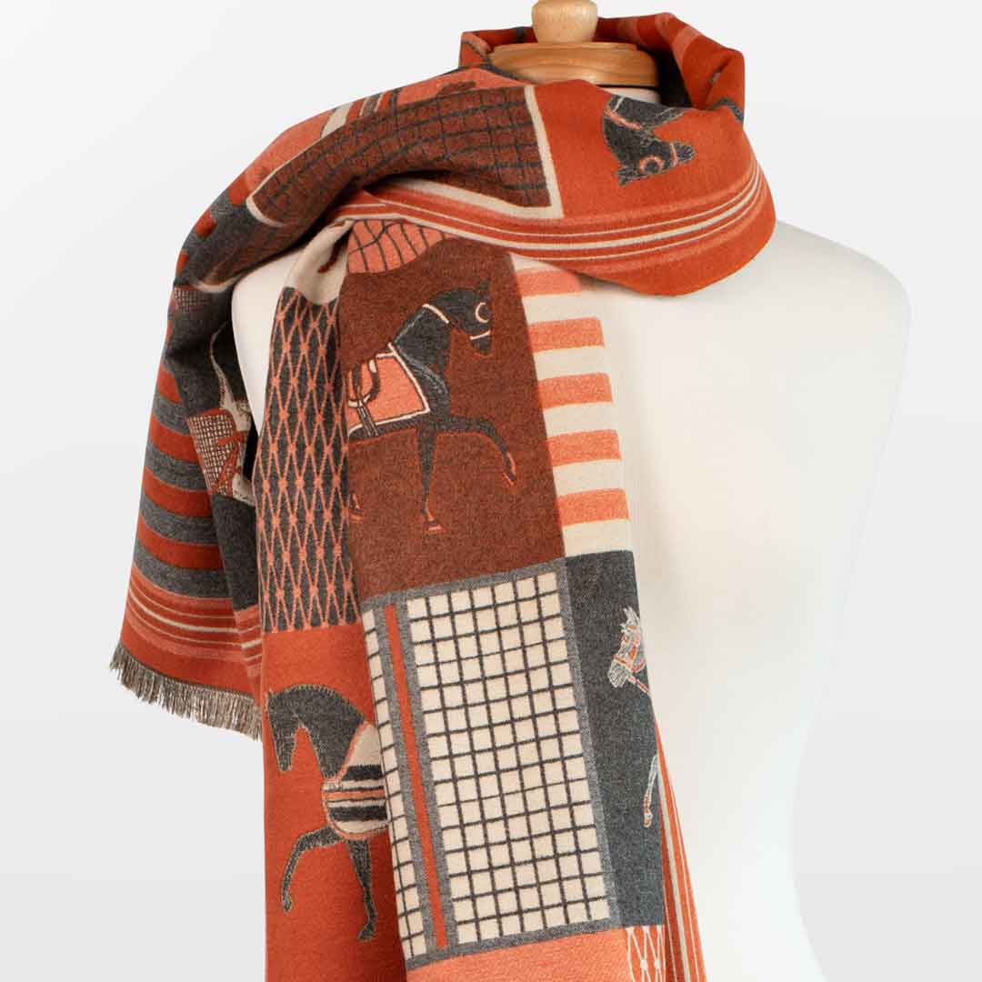 Devon -  Tangerine Equestrian Motif Luxe Shawl