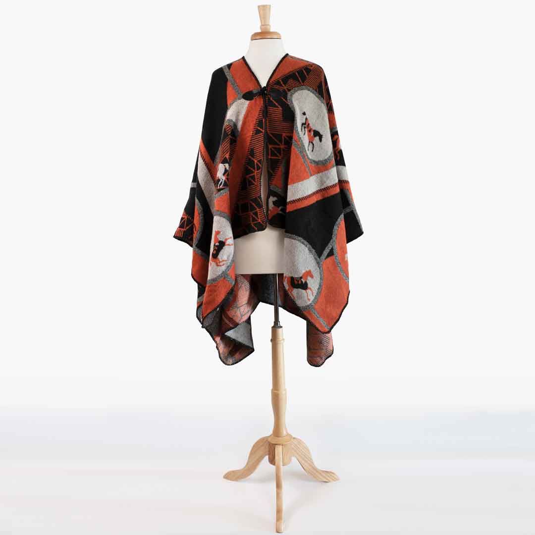 Adina -  Equestrian Motif Shawl in Tangerine, Charcoal and Black Luxe Wrap