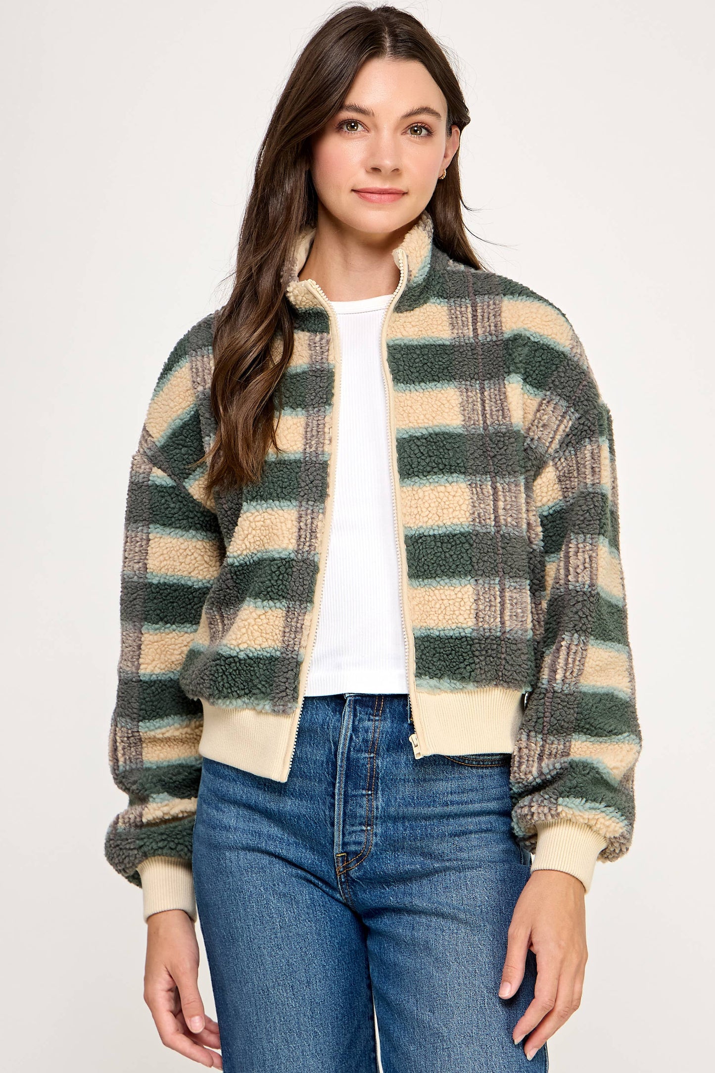 PLAID SHERPA JACKET-CREAM FOREST