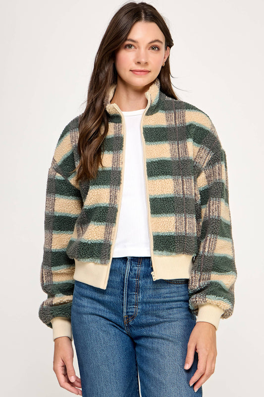 PLAID SHERPA JACKET-CREAM FOREST