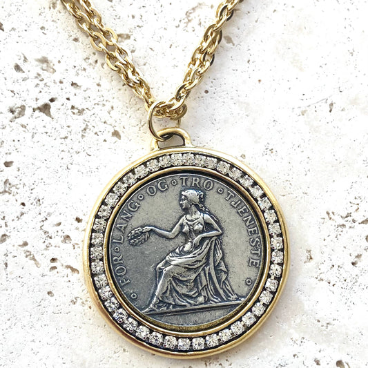 Coin necklace, Norway, medallion jewelry, boutique salon