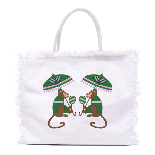 Linen Fringe Tote- Pickleball Monkeys