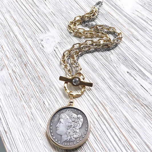 Coin necklace boutique jewelry crystal handmade mixed metal